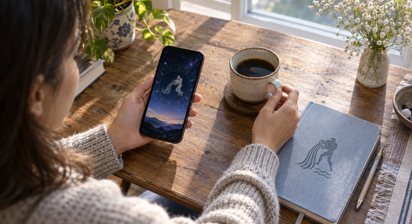 Person reading an Aquarius horoscope on a phone beside a notebook