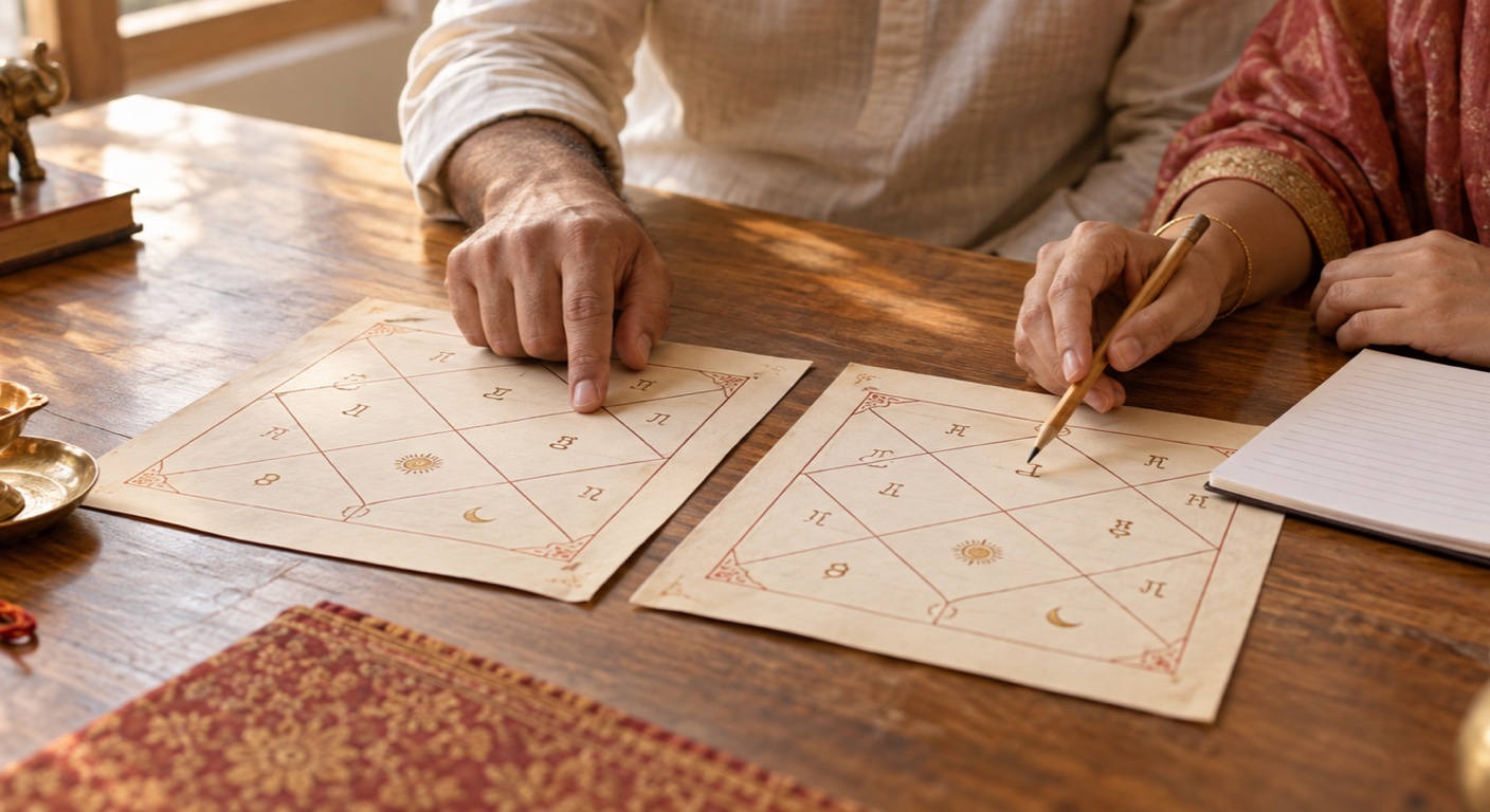 Couple comparing two kundli charts on a wooden table