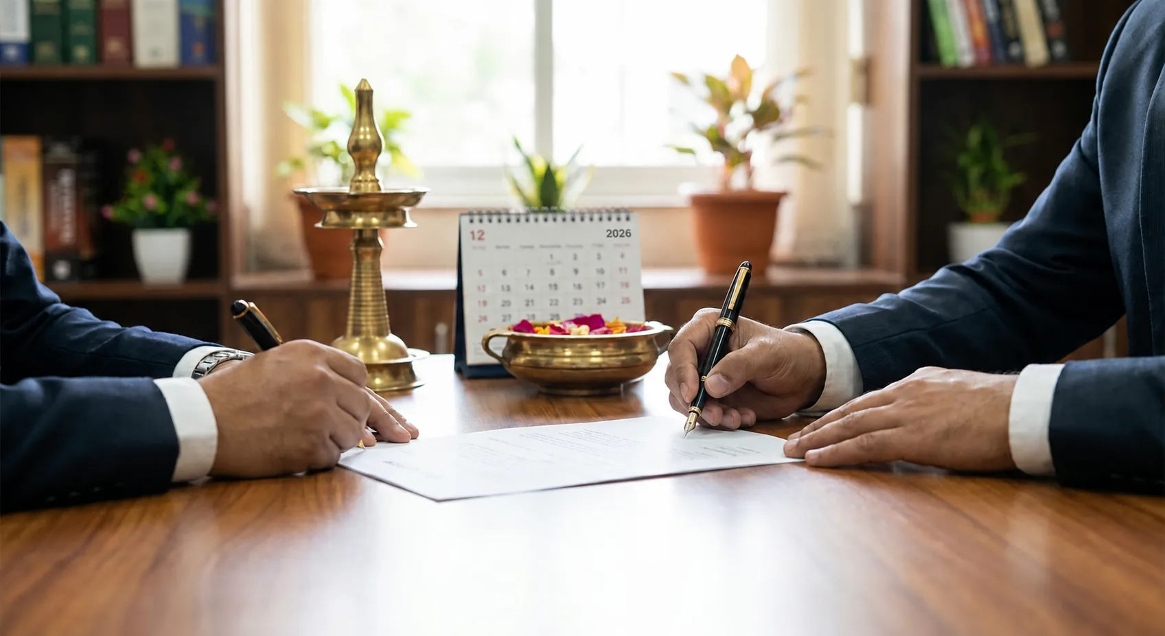 Two people signing a contract beside a 2026 calendar and brass lamp