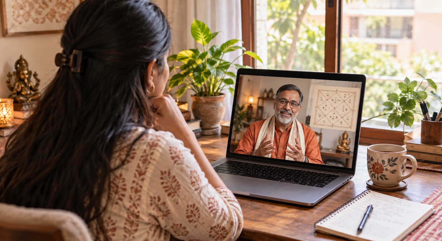 Woman speaking with an astrologer during an online video consultation