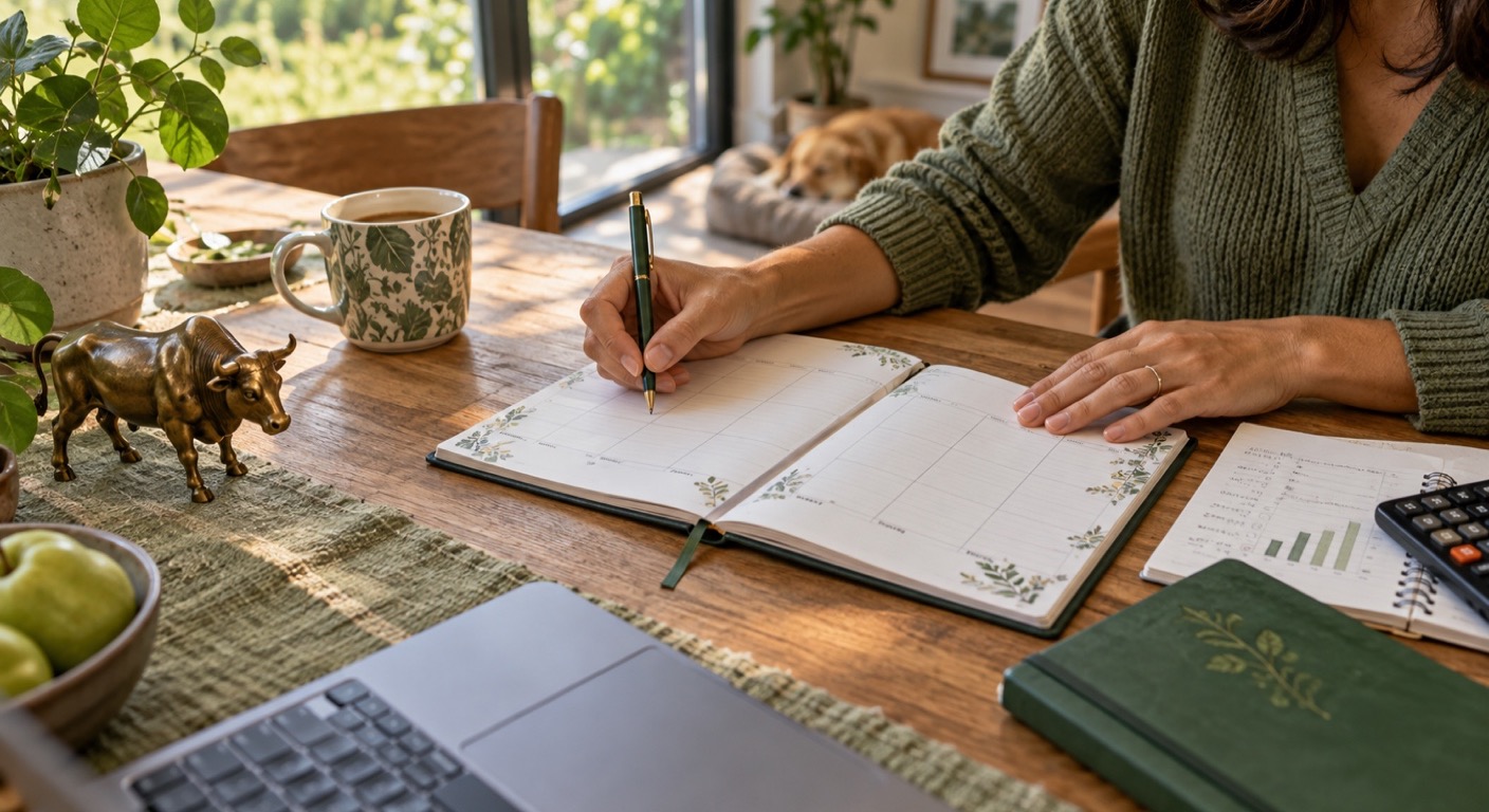 Person reviewing a weekly planner beside a Taurus bull figurine